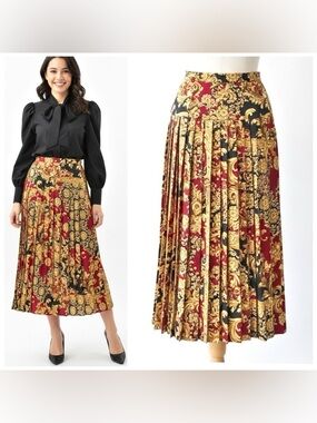 Vintage Jones New York Baroque Pleated Midi Skirt Black Gold Merlot Petite 8P